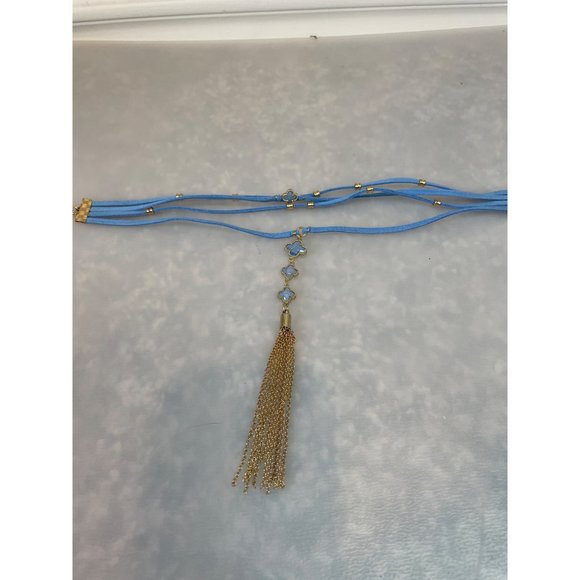 NWOT Ettika 18k Gold Plated Boho Blue Quatrefoil Suede Tassel Choker - Picture 3 of 4